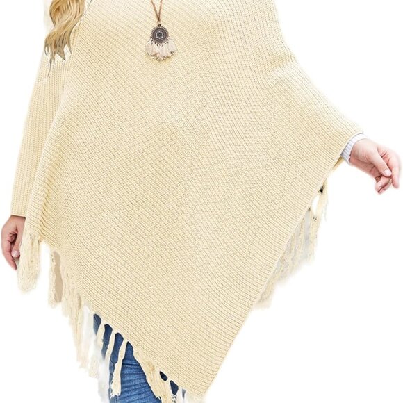 Women's Shawl Wraps Knitted Shawl with Fringed Capelet V-Neck Striped Poncho Swe - Picture 1 of 4